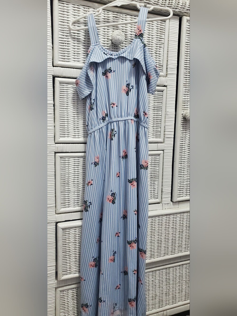 One Step Ahead Light Blue Striped Maxi Dress with Pink Floral Print
